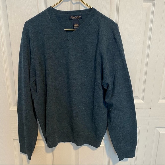Garret Scott Extra Fine 100% Merino Wool v neck blue sweater size L - Picture 1 of 9